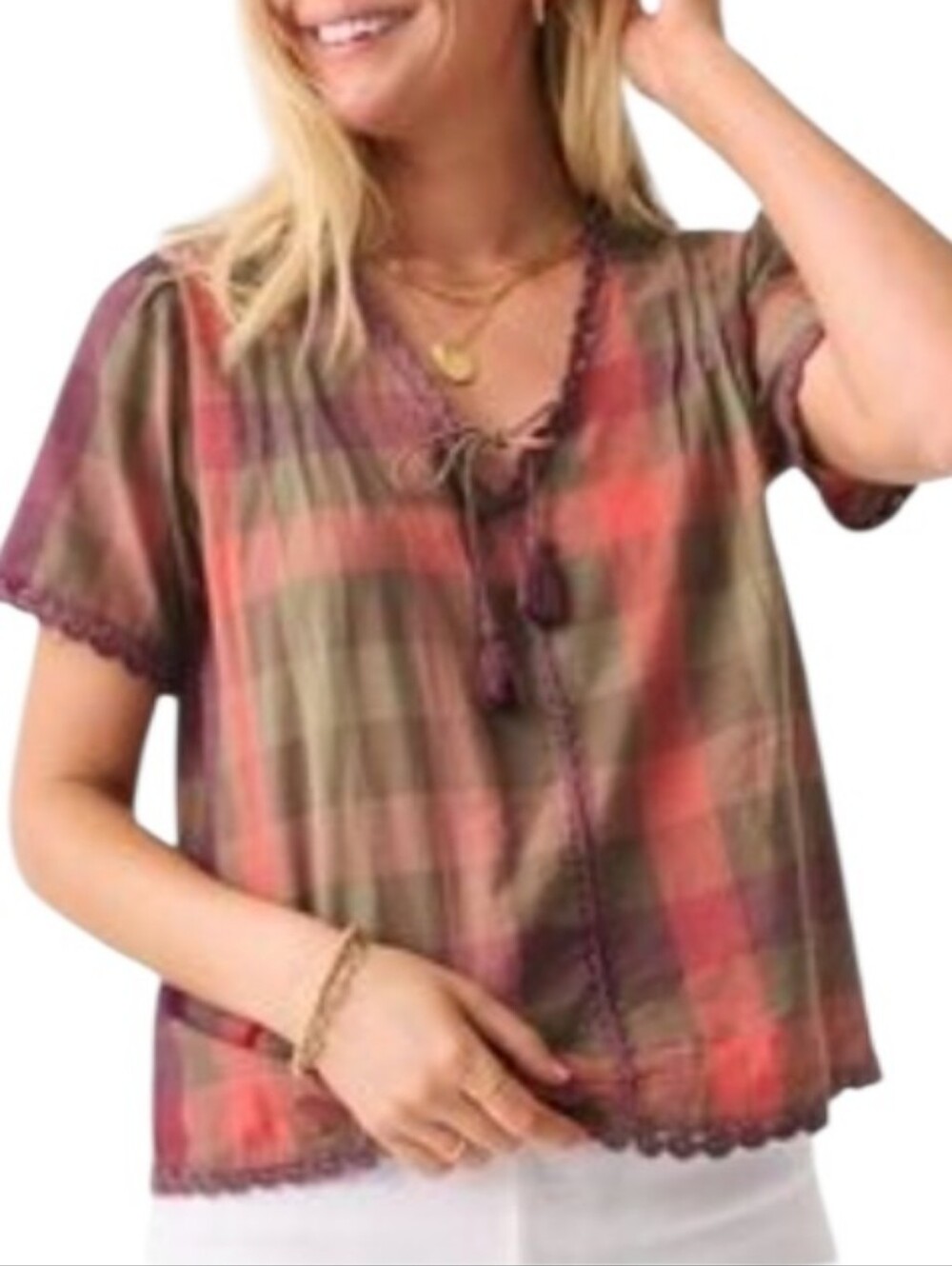 Faherty Plaid Tassel Tie Short Sleeve Top - Multi-Color